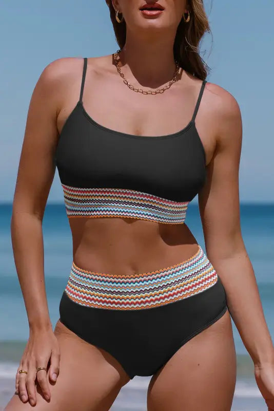 Black striped high waist bikini swimsuit - swimwear/high waisted