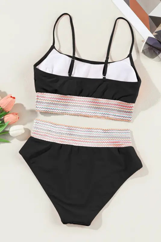 Black striped high waist bikini swimsuit - swimwear/high waisted