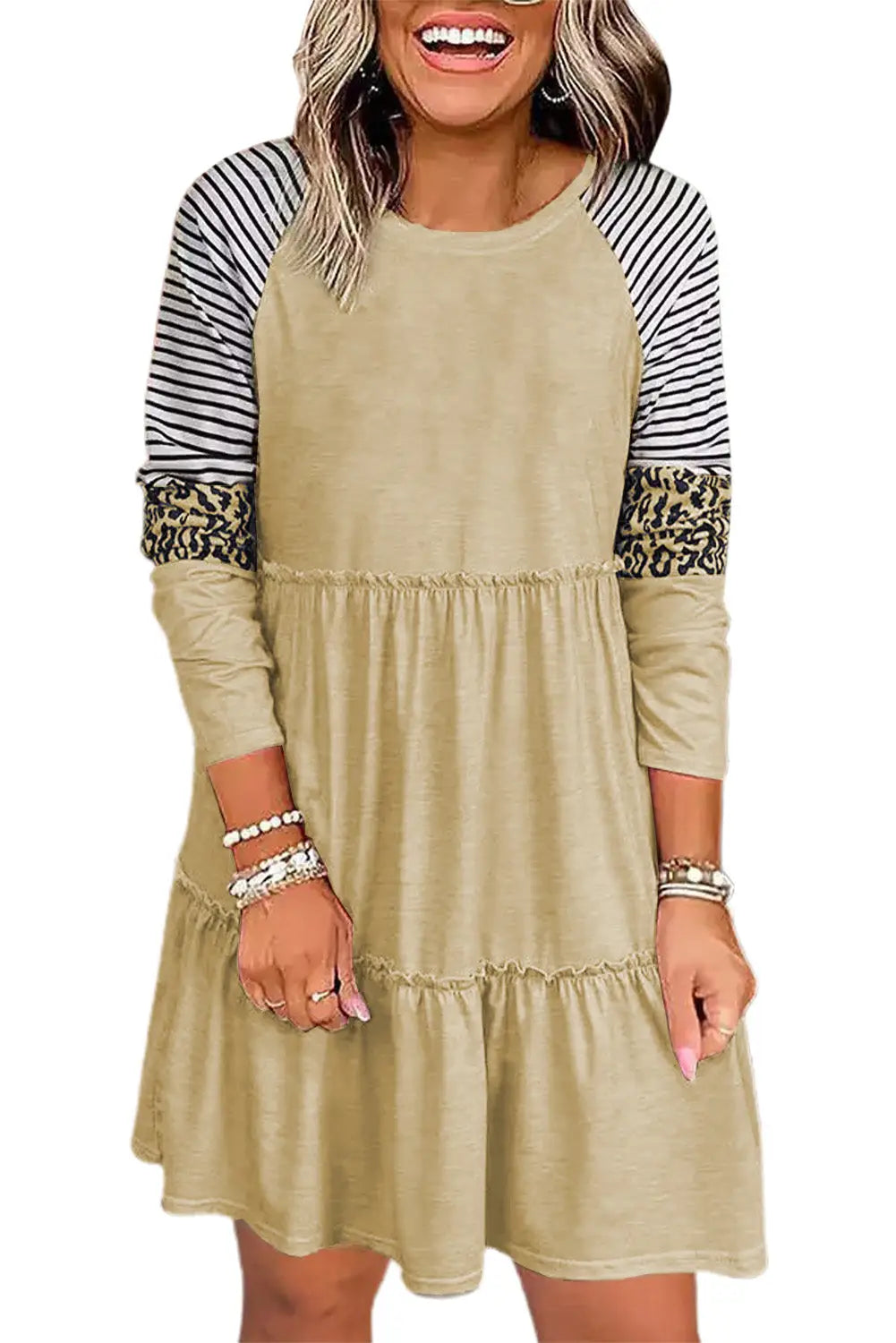 Black striped leopard patchwork long sleeve mini dress - dresses
