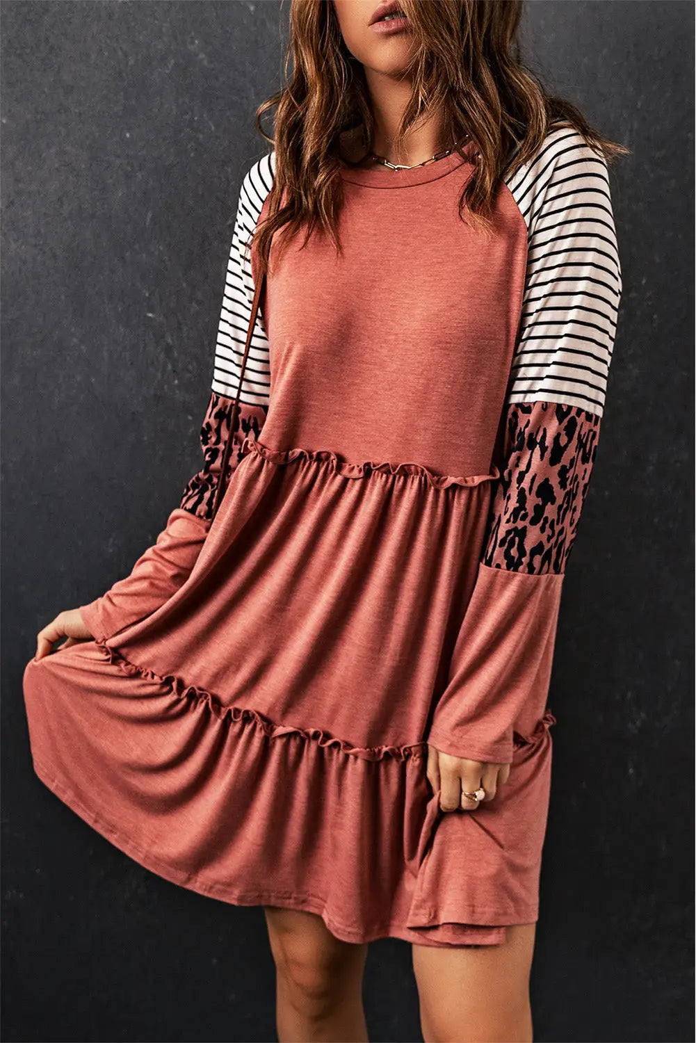 Black striped leopard patchwork long sleeve mini dress - pink / s / 66% polyester + 28% viscose + 6% elastane - dresses