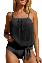Black Striped Mesh Knotted Hem Tankini Swimsuit - Fashionfitz