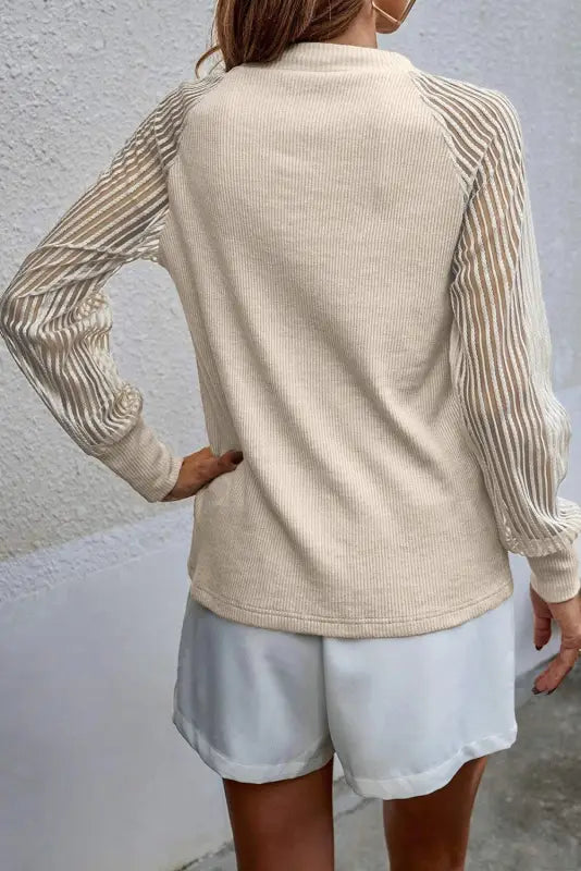 Black striped mesh long sleeve crewneck ribbed top