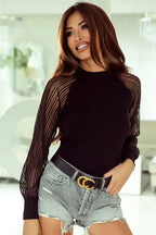 Black Striped Mesh Long Sleeve Crewneck Ribbed Top - Fashionfitz