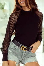 Black Striped Mesh Long Sleeve Crewneck Ribbed Top - Fashionfitz
