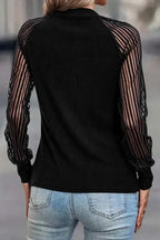 Black Striped Mesh Long Sleeve Crewneck Ribbed Top - Fashionfitz