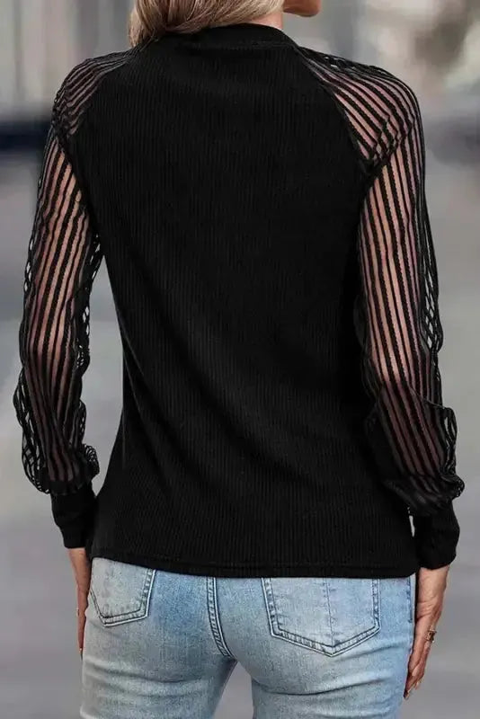 Black Striped Mesh Long Sleeve Crewneck Ribbed Top - Fashionfitz