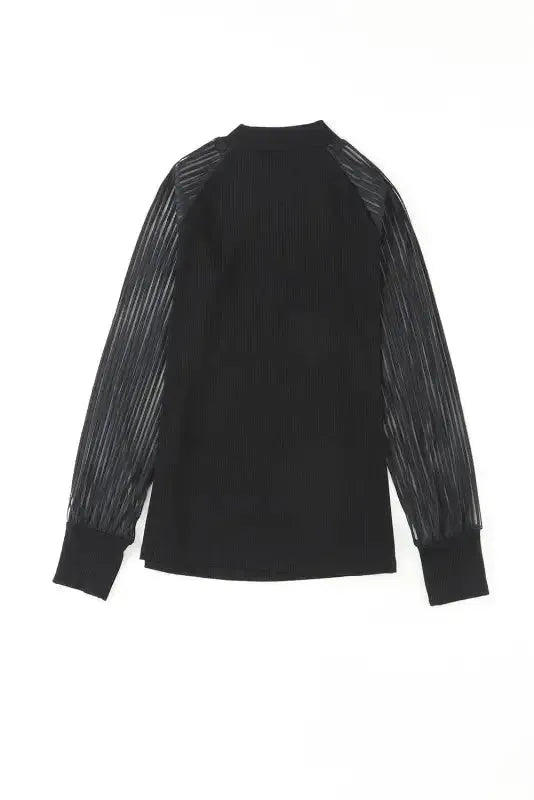 Black Striped Mesh Long Sleeve Crewneck Ribbed Top - Fashionfitz