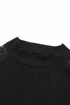 Black Striped Mesh Long Sleeve Crewneck Ribbed Top - Fashionfitz