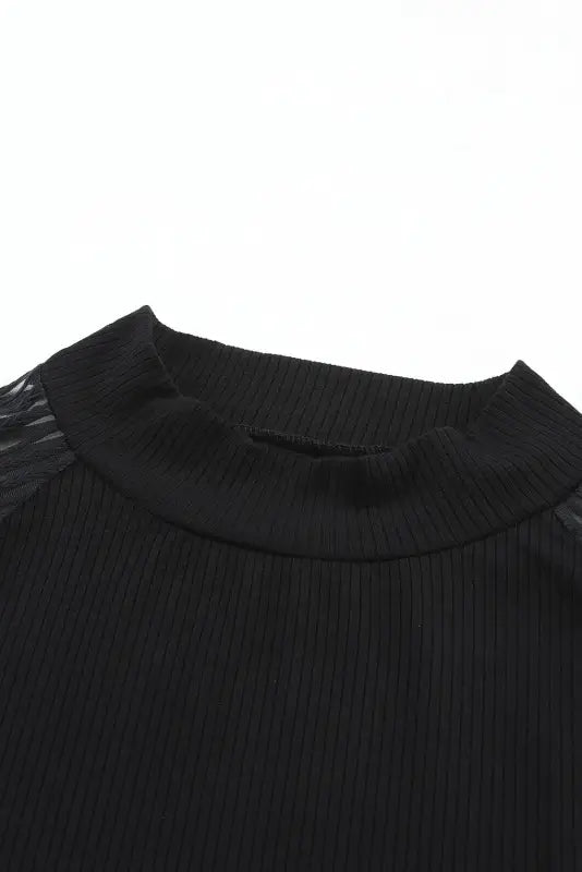 Black striped mesh long sleeve crewneck ribbed top