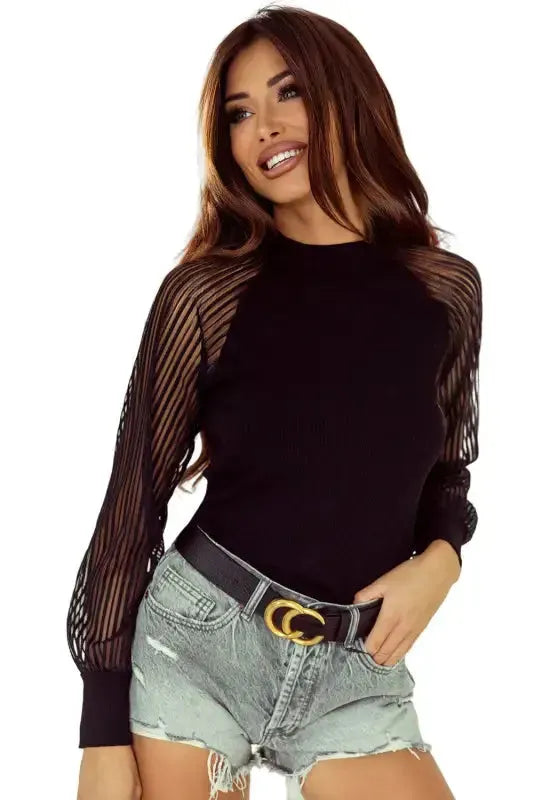 Black Striped Mesh Long Sleeve Crewneck Ribbed Top - Fashionfitz