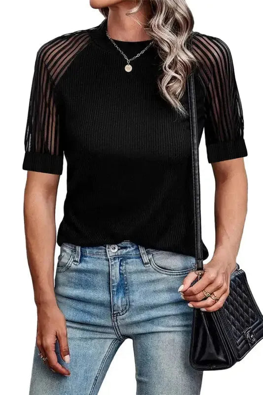 Black Striped Mesh Sleeve T Shirt - Fashionfitz