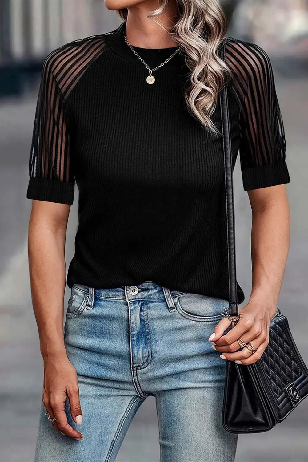 Black striped mesh sleeve t shirt - s / 93% viscose + 7% elastane - tops/tops & tees