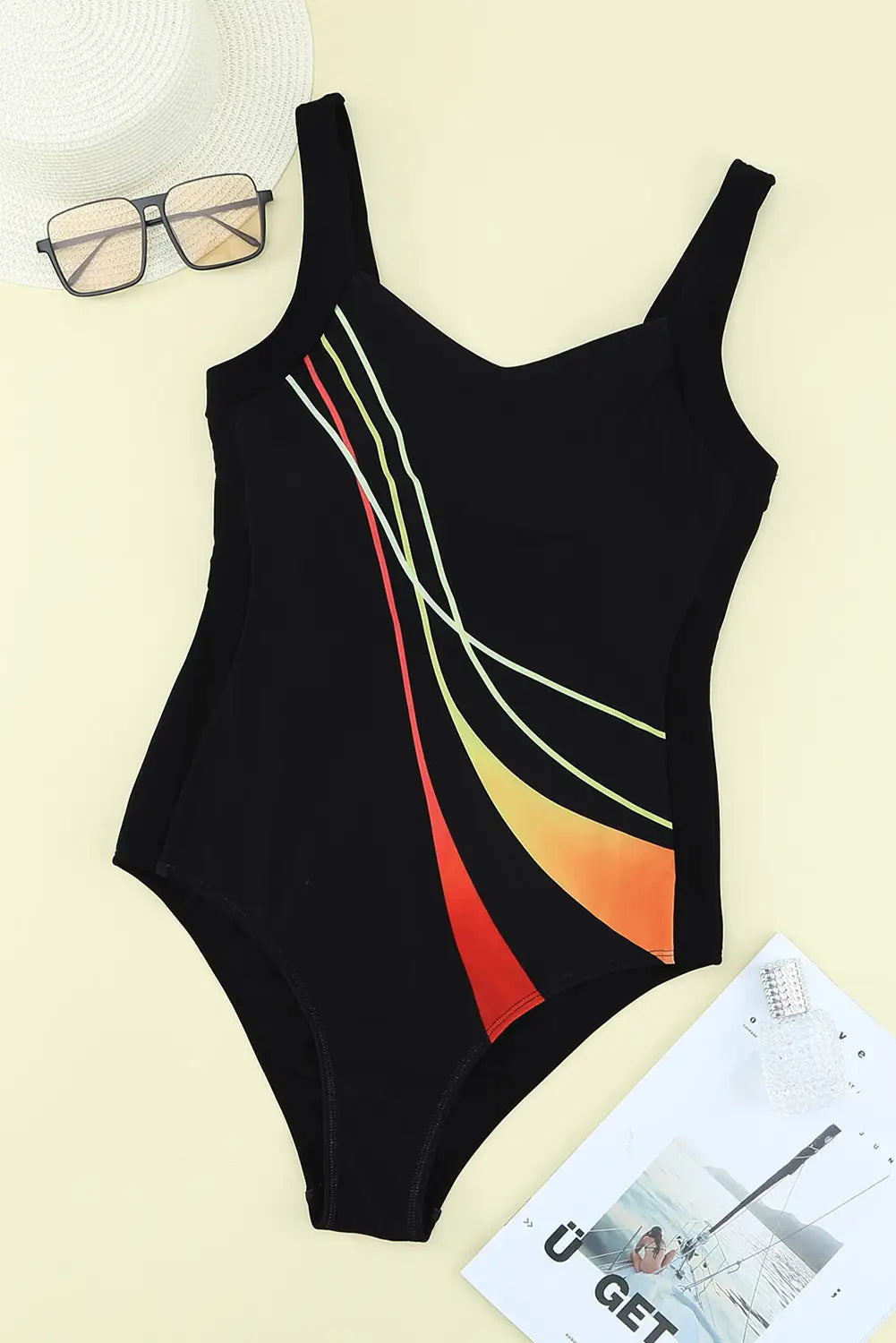 Black striped pattern print sleeveless one-piece swimsuit - one piece swimsuits