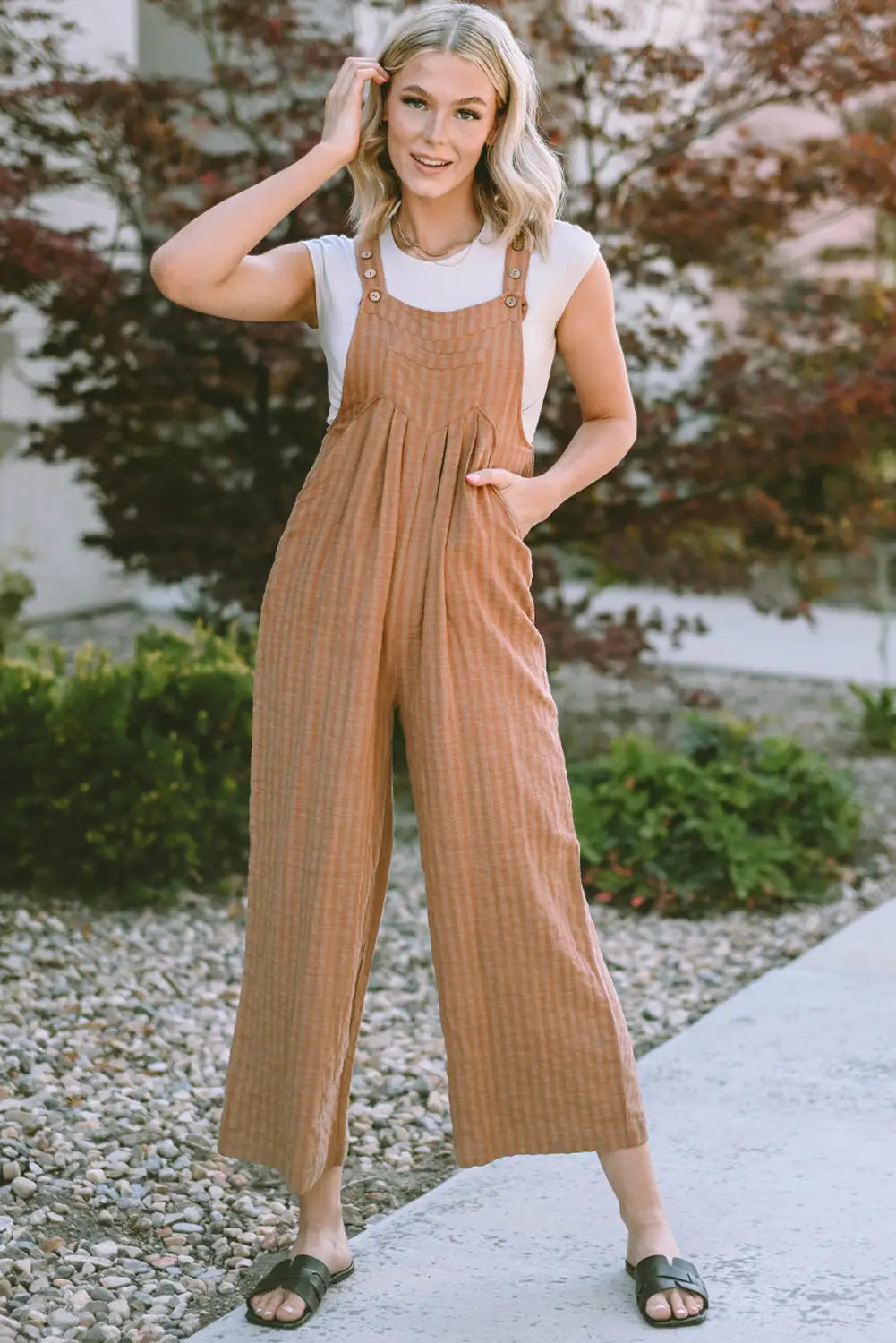 Black striped pleated wide leg pocketed jumpsuit - jumpsuits & rompers