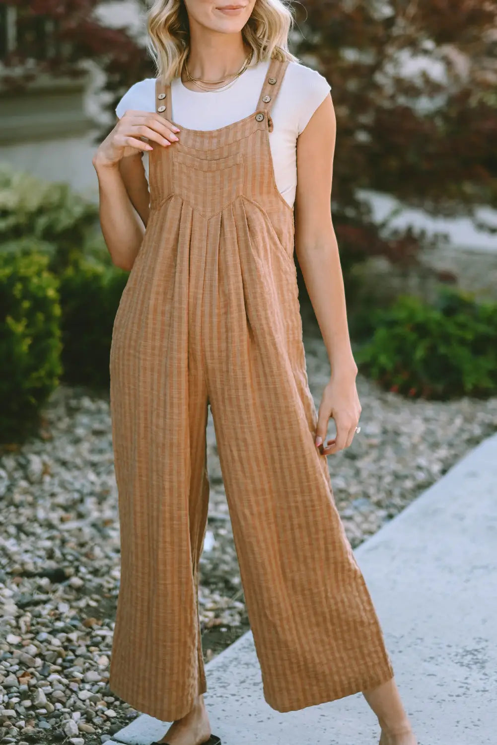 Black striped pleated wide leg pocketed jumpsuit - brown / l / 50% viscose + 50% cotton - jumpsuits & rompers