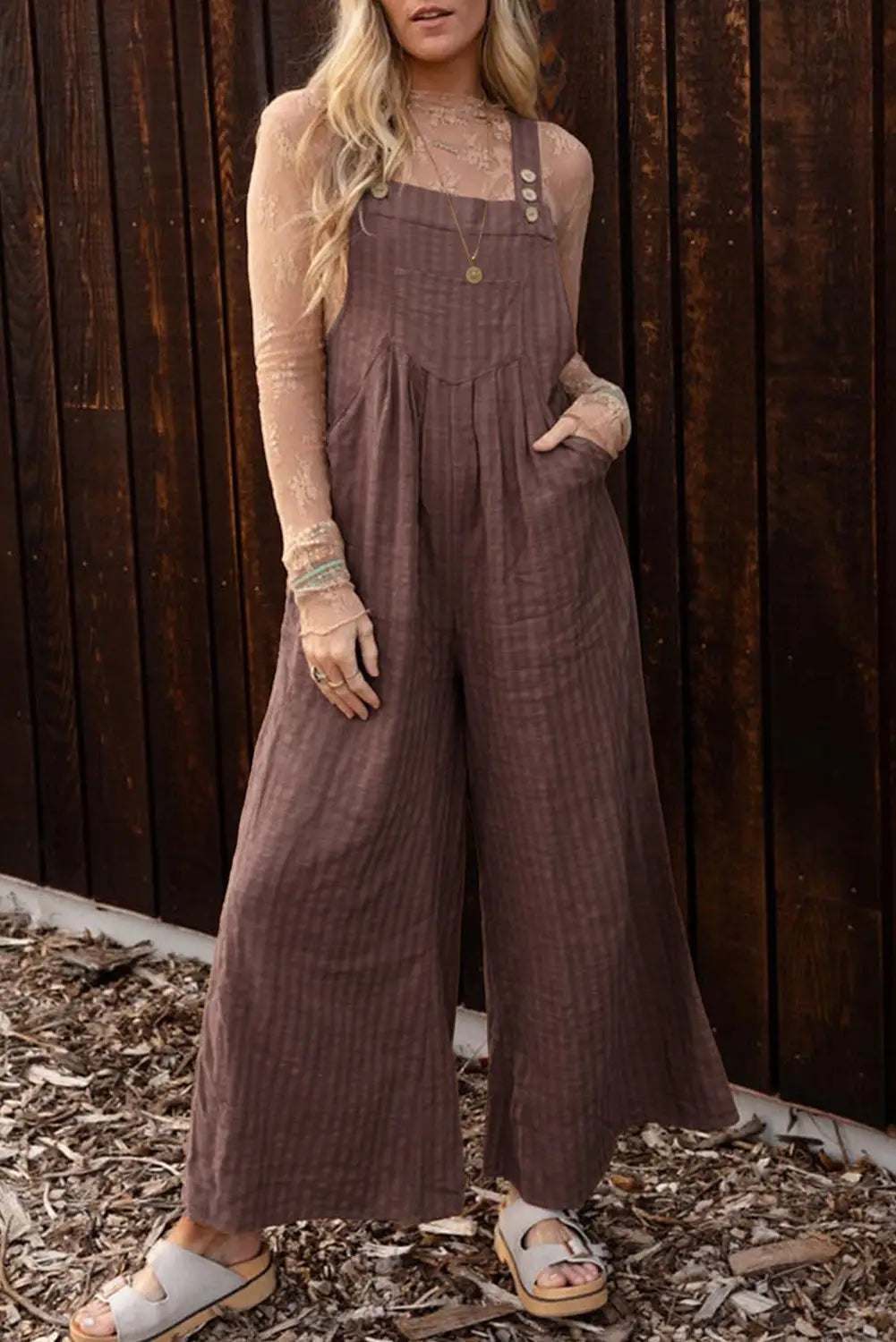 Black striped pleated wide leg pocketed jumpsuit - chicory coffee / l / 50% viscose + 50% cotton - jumpsuits & rompers