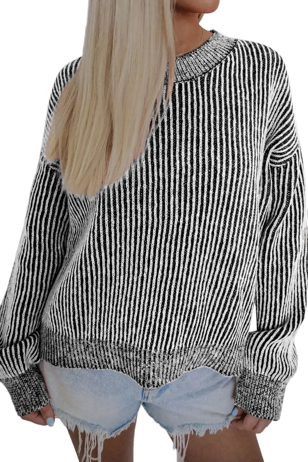 Black striped print ribbed trim round neck sweater - sweaters & cardigans