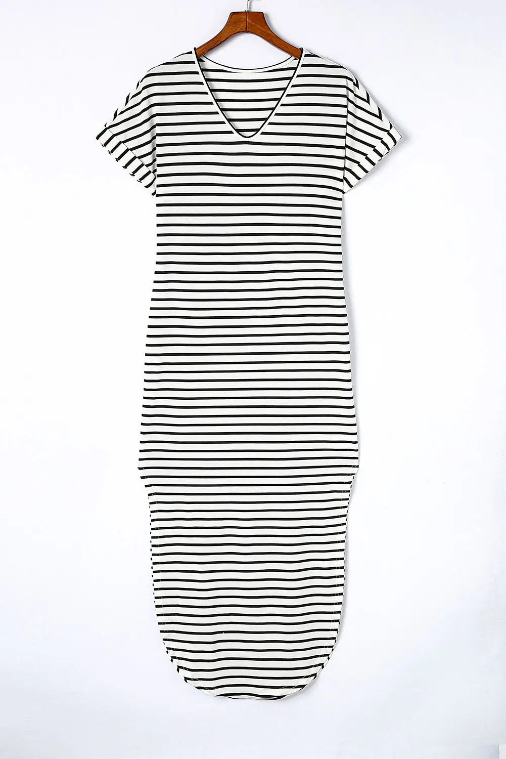 Black striped print side split short sleeve v neck maxi dress - dresses