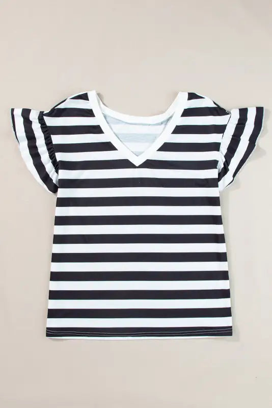 Black striped v neck ruffle sleeve top - tops/tops & tees