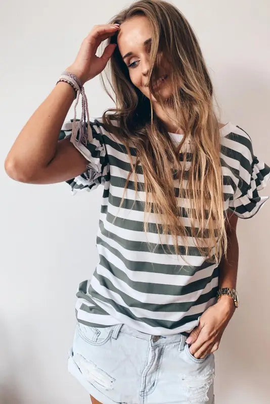 Black striped v neck ruffle sleeve top - tops/tops & tees