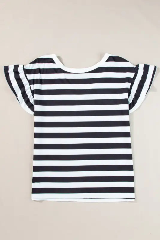 Black striped v neck ruffle sleeve top - tops/tops & tees