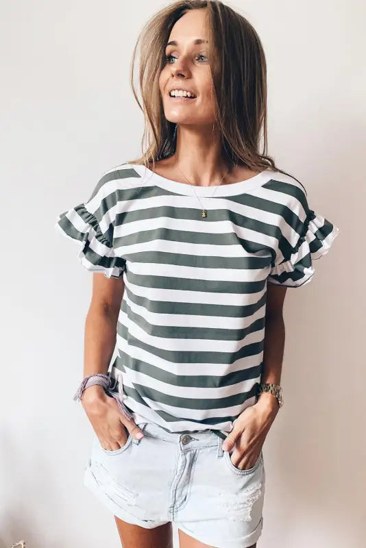 Black striped v neck ruffle sleeve top - tops/tops & tees