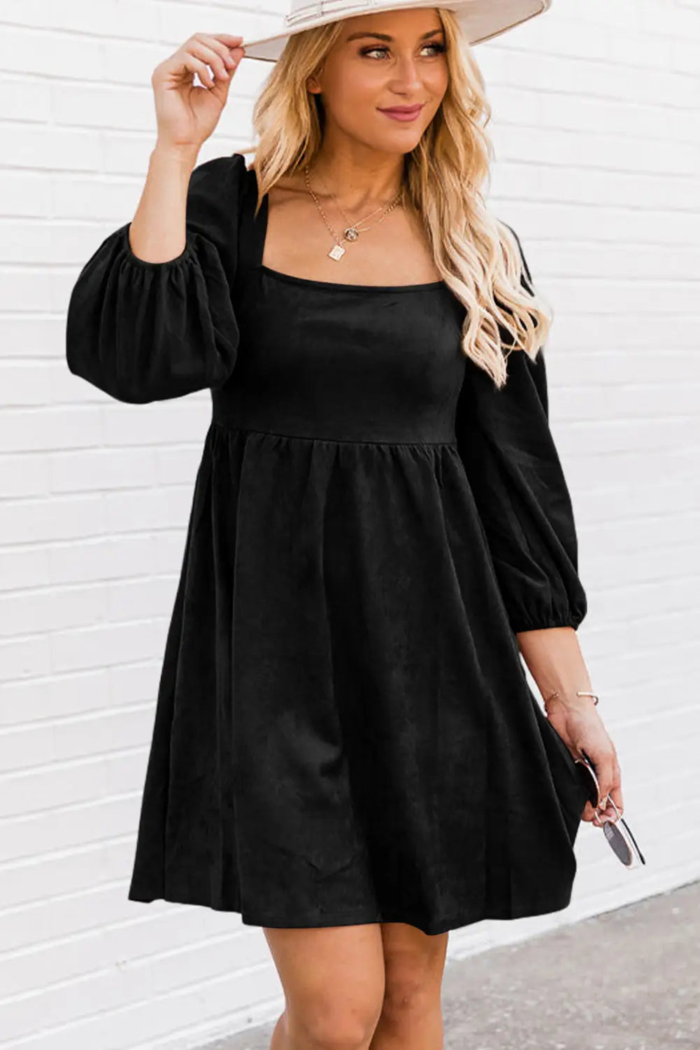 Black suede square neck puff sleeve dress - mini dresses