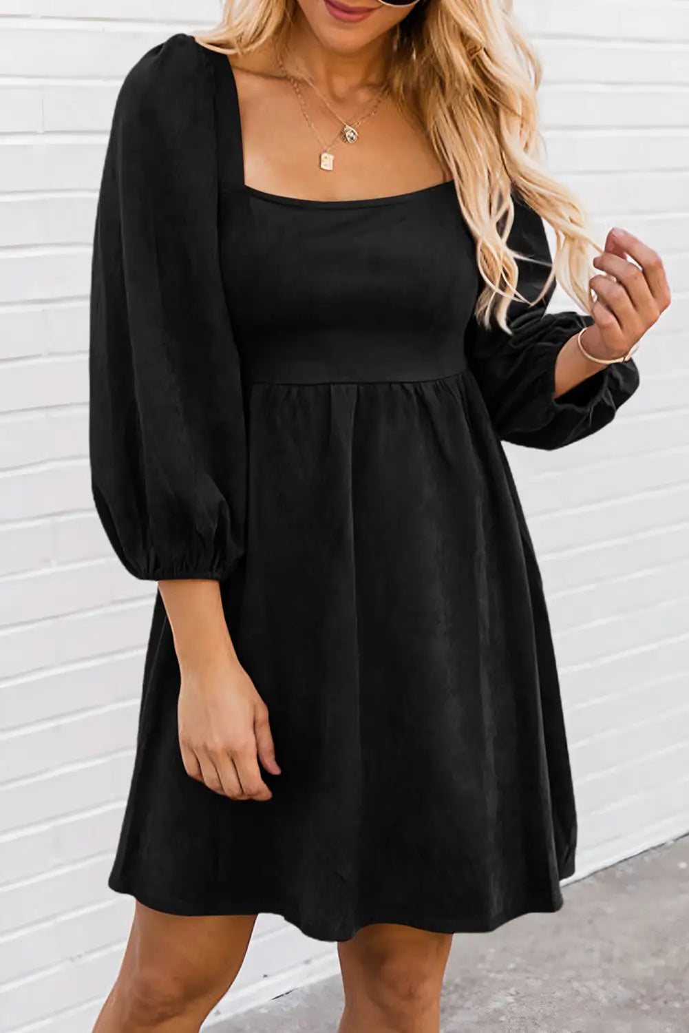 Black suede square neck puff sleeve dress - s / 88% polyester + 12% elastane - mini dresses