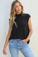 Black Sweater Vest - Solid Color Cable Knit High Neck - Fashionfitz