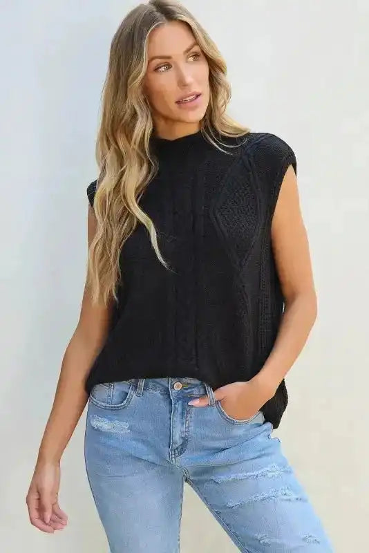 Black solid colour cable knit high neck sweater vest front view — Fashionfitz UK