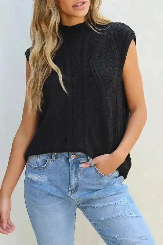 Black Sweater Vest - Solid Color Cable Knit High Neck - Fashionfitz