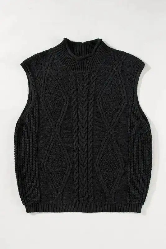 Black Sweater Vest - Solid Color Cable Knit High Neck - Fashionfitz