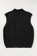 Black Sweater Vest - Solid Color Cable Knit High Neck - Fashionfitz
