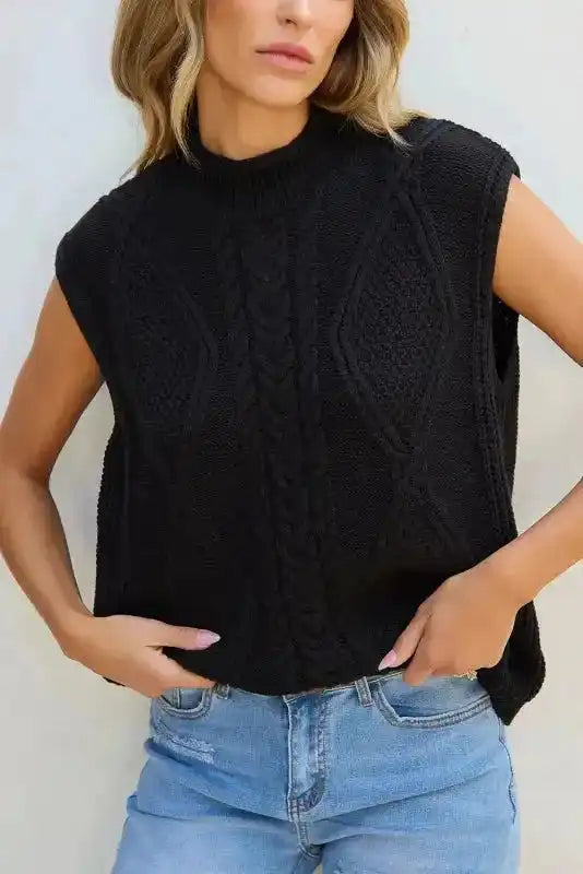 Black Sweater Vest - Solid Color Cable Knit High Neck - Fashionfitz