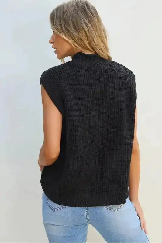 Black Sweater Vest - Solid Color Cable Knit High Neck - Fashionfitz