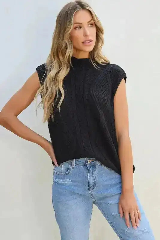 Black Sweater Vest - Solid Color Cable Knit High Neck - Fashionfitz