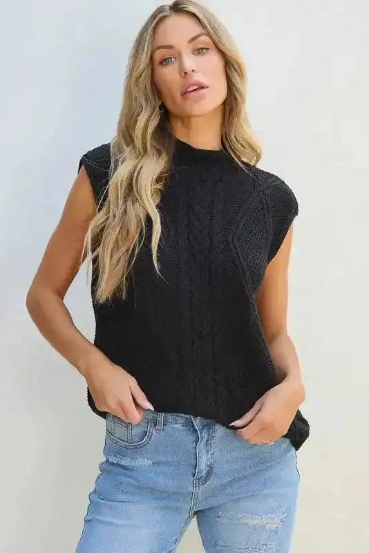 Black Sweater Vest - Solid Color Cable Knit High Neck - Fashionfitz