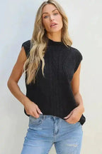 Black Sweater Vest - Solid Color Cable Knit High Neck - Fashionfitz