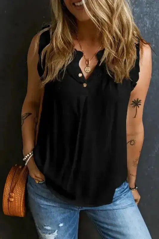 Black Tank Top - Button Split Neck Ruffled Trim - Fashionfitz