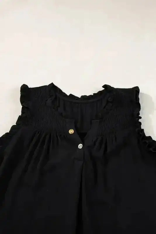 Black Tank Top - Button Split Neck Ruffled Trim - Fashionfitz