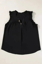 Black Tank Top - Button Split Neck Ruffled Trim - Fashionfitz