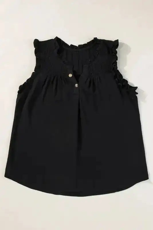Black Tank Top - Button Split Neck Ruffled Trim - Fashionfitz