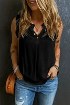Black Tank Top - Button Split Neck Ruffled Trim - Fashionfitz