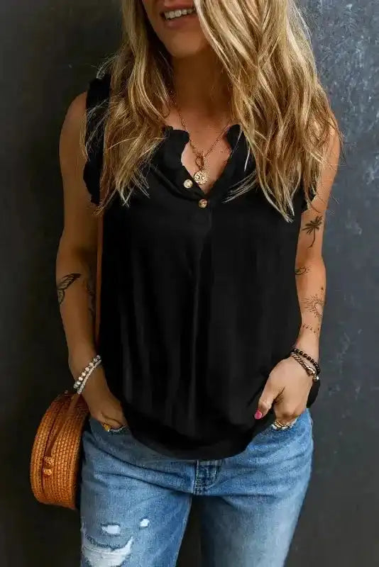 Black Tank Top - Button Split Neck Ruffled Trim - Fashionfitz
