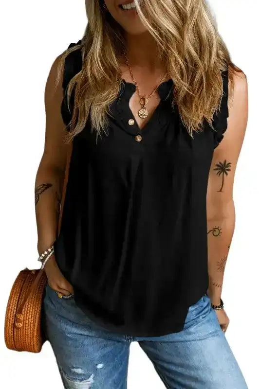 Black Tank Top - Button Split Neck Ruffled Trim - Fashionfitz