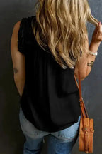 Black Tank Top - Button Split Neck Ruffled Trim - Fashionfitz
