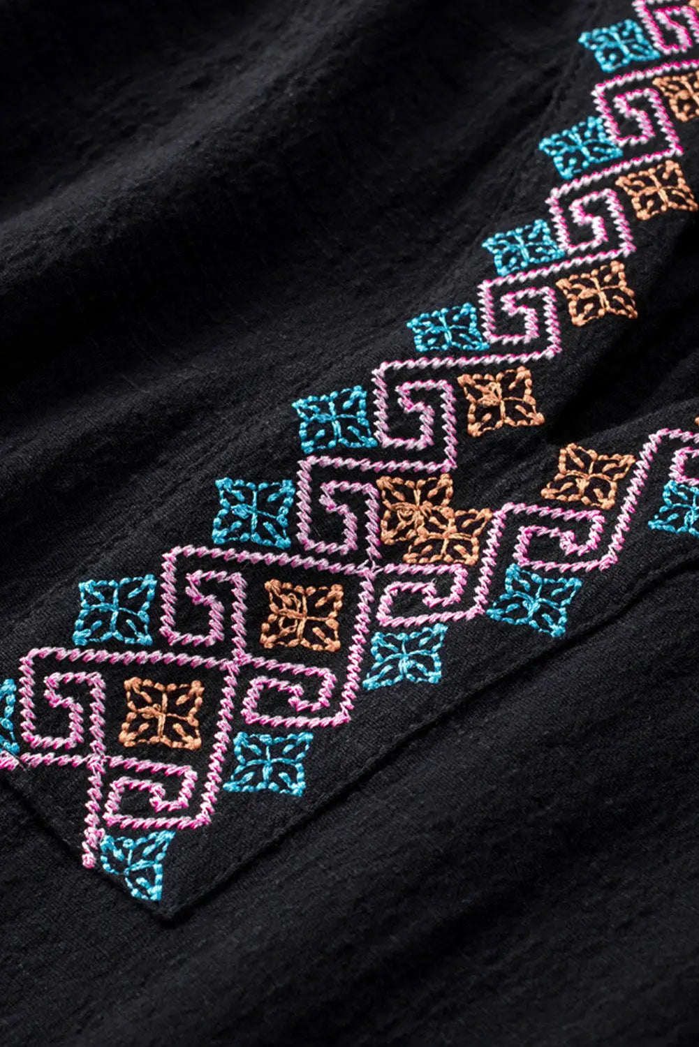 Black tassel drawstring embroidered half sleeve v neck top - tops