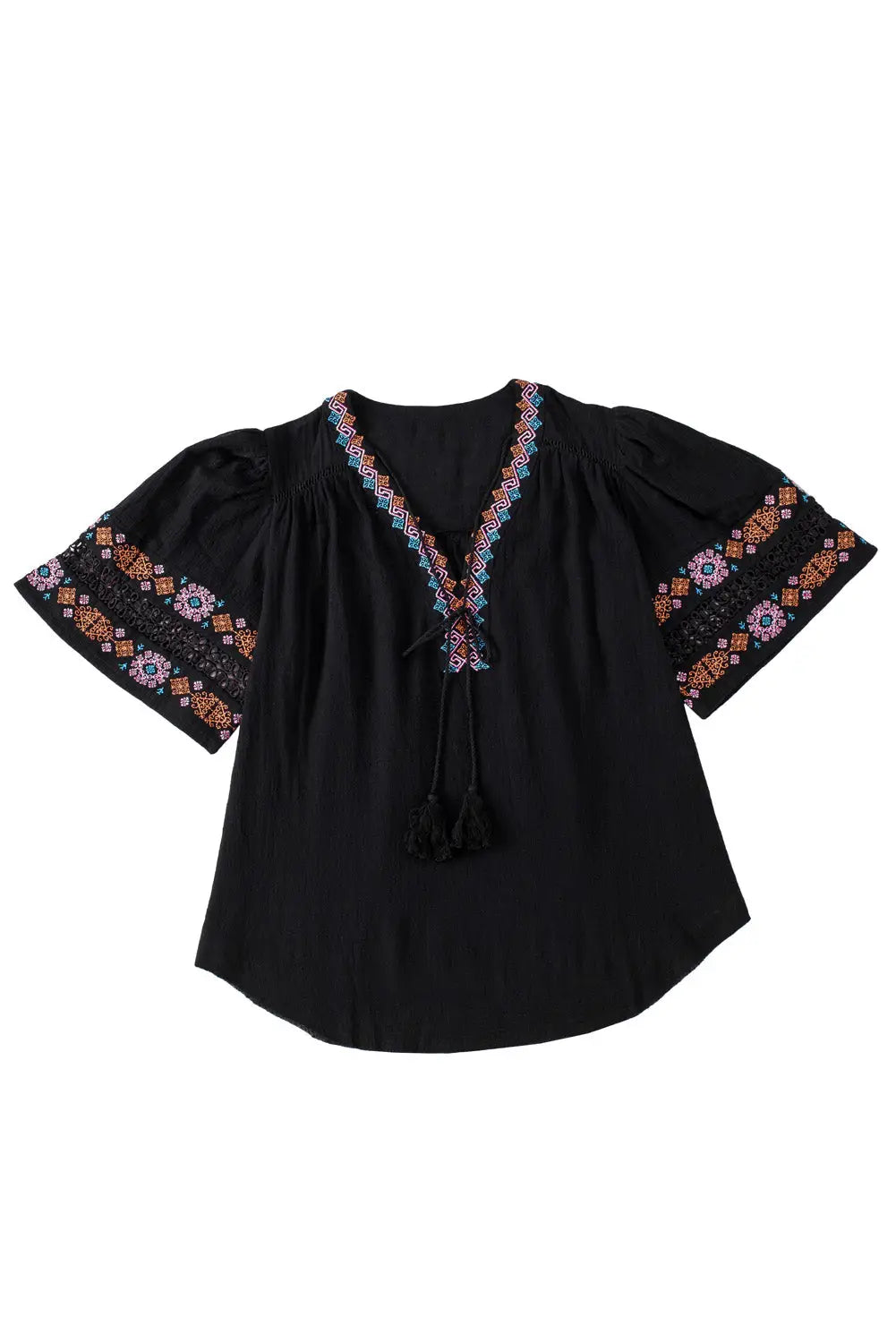 Black tassel drawstring embroidered half sleeve v neck top - tops
