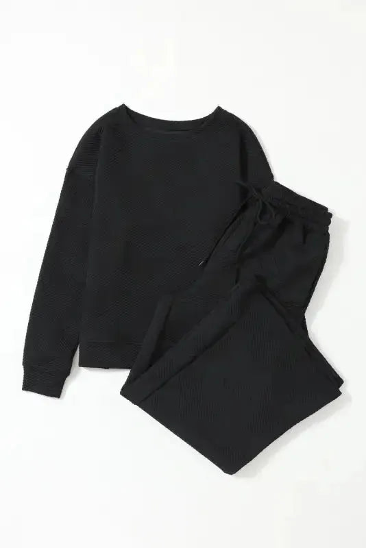 Black Textured 2-Piece Slouchy Loungewear Set - Fashionfitz