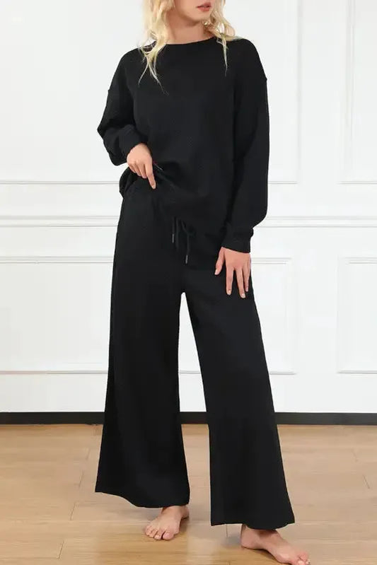 Black Textured 2-Piece Slouchy Loungewear Set - Fashionfitz